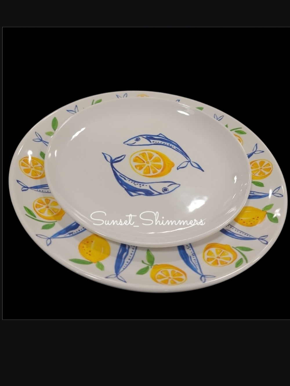8 Tommy Bahama Sardine Lemon Blue Fish MELAMINE Dinner & Salad Plates Set New - Picture 4 of 8